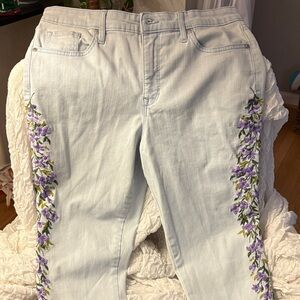 Martha Stewart Women's Straight Leg Jeans with Purple Floral Embroidery
